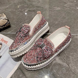Women Flats Leather Loafers Spring Shoes Woman Crystal Sequins Bow-knot Platform Mesh Slides Moccasins Women size