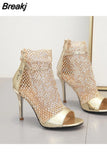 Spring Gold Glitter Rhinestone Mesh Ankle Sandals Boots High Heels 10CM Sexy Booties Peep-toe Pumps Lady Party