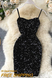 Autumn Silver Sequined Bodycon Sexy Dress Women Spaghetti Strap Sleeveless Backless Christmas Party Dress