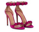 Sandals Women Button Studded Sandals Pyramid Studs Embellished High Heels Pom Pom Stiletto Heels Pumps Summer Dress