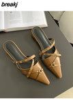 Pointed Toe Flat Heel Mules Shoes Women Closed Toe Outdoor Slippers Elegant Slide Narrow Band Sandal Brand Rivet