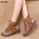 Genuine Leather Women Boots Retro Shoes Mixed Colors Flat With 2022 New Autumn Winter Concise Square Toe Ladies