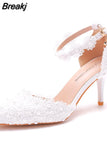 Shoes Bride White Wedding Shoes Female High Heels Ankle Strap Pumps Women's Shoes Rhinestone Lace High Heels Party