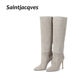 High Heels Western Boots Fashion Knee High Boots Woman Microfiber Red High Heel Long Boots Pointed Toe Autumn Winter