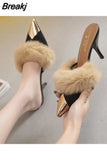 Sexy High Heels Women Fashion Fur Wedding Women Shoes 2023 New Suede Flip Flops Stiletto Pointed Toed Slippers