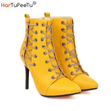 Women Ankle Boots 2023 Autumn Winter Stiletto Booties Cross Chain Decorate Thin High Heels PU Leather Size 34-50 Fashion