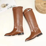 New Women Motorcycle Booties Belt Strap Metal Shark Lock Flat Heel Knee High Boots Woman Shoes Genuine Leather Botas