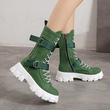 Women's Boots 2022 Spring and Autumn New Thick-soled Comfortable Boots Lace-up Casual Mid-calf Shoes Round Toe Thick-soled