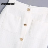 Women White Tweed Midi Skirts With Pockets Fashion A Line Split Button Fly Skirts Office Lady High Waist Skirt