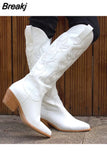 Women's Western Boots 2023 Autumn Winter Fashion Chunky Heeled Cowboy Boots Vintage Style Country Western Cowgirl White