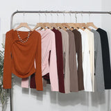 Side Bow Tie Design Folded Long-Sleeved T-Shirt Slim Thin Autumn Dress T-Shirt Short Top