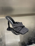 New Summer Denim Cross-Band Square Head Stiletto Slippers Wearing Fashionable High-Heeled Women's