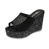 Golden Women Slippers Summer Shoes Platform(4cm) Outside Fitting-room 11cm High Heels Wedges Solid Mesh Female