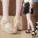 New Summer Lace Denim Women's Black Platform Sandals High Heels Women's Shoes Open Toe Espadrilles Comfortable