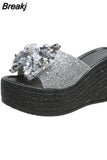 Plus Size 35-43 Slippers Women's Fashion Sequin Bow High Heel Sandals Sexy Platform Shoes Slippers