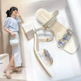 Rhinestone Sandals for Women Summer 2024 Square Heels Open Toe Slippers Woman Transparent PVC Jelly Sandal