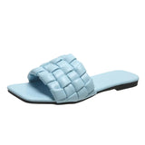 Weave Soft Slippers for Women Summer 2023 Orange PU Leather Beach Flip Flops Female Square Toe Flat Sandals Plus Size