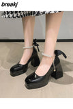 Women Pumps Elegant Bow Square Toe Black High Heels Fashion Thick Heel Wedding Party Pearl Lace Wedding Shoe Zapatos