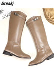Sexy Women Motorcycle Booties Belt Strap Metal Shark Lock Flat Heel Knee High Boots Woman Genuine Leather Botas
