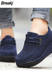 Autumn Women Faux Suede Wedges Lace-Up Loafers Platform Sewing Casual Ladies Moccasins Flats Footwear Chaussures