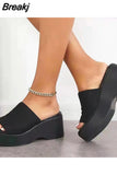Dropship 2023 Summer Brand New Women Single Band Platform Sandals Black Nylon Chunky Platform Wedges Slipper