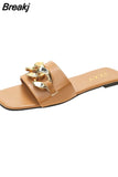 Fashion Metal Chain Summer Mules for Women Square Head Slip on Flip Flops Slides Slipper Women's Sandal Flat Shoes