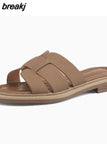 Size 34-40 Women Slides Sandals Genuine Leather Summer Low Heels Shoes Woman Home House Slippers Outdoor Casual