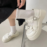 Sweet Lace Bowknot Lolita Shoes Women Heart Buckle Patent Leather Mary Janes Woman 2024 Round Toe Platform Flats