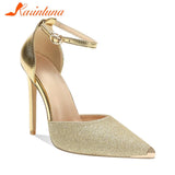Brand 2023 Thin High Heel Ankle Strap Pumps Shoes Pointed Toe Metallic Feel Design Sexy Style Spring Summer Lady Women