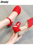 Women Fashion Shoes Sandals Casual Linen Clogs Wedge Sandials Summer Red Pink 6cm High Heel Platform Espadrilles Chunky