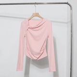 Side Bow Tie Design Folded Long-Sleeved T-Shirt Slim Thin Autumn Dress T-Shirt Short Top