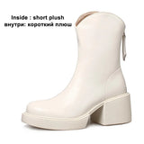 Women Genuine Leather Ankle Western Boots Round Toe Platform Block High Heel Lady Zipper Short Boot Autumn Winter