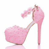 Breakj Cm White Lace Wedding Shoes Fine Heel Round Head Waterproof Shoes Large Size White Wedding Shoes