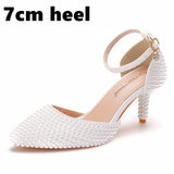 Queen Pointed Toe White Ivory Pearl Wedding Shoes Thin High Heels Pumps Bridal Ankle Strap Sandals Female Party