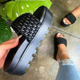 spring/summer new women's high-heeled PU sponge cake sole rubber super thick-soled slippers woven pattern female