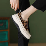 Fashion Horsehair Genuine Leather Leopard Round Toe Thick Bottom Sneakers Slip on Casual Women Vulcanized