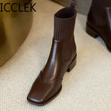 Autumn New Square Toe Women Ankle Boots Chunky 6cm High Heel Elastic Boot Female Slim Fit Sock Boots Fashion Botas