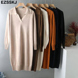 Autumn Winter warm chic polo callor midi straight sweater Dress Women Casual oversize Sweater Dresses maix THICK