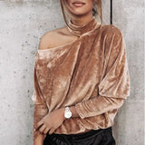 Winter New O Neck Bat Sleeves Golden Velvet Blouses Solid Color Casual Pullover Irregular Office Lady Loose Elegant
