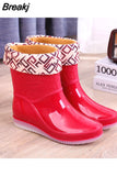 2023Women Rain Boots Ankle Boots Waterproof Shoes Winter Female Slip-On Cotton Shoes Size 36-41 Non-Slip Flat Round