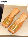 Designer Women Slippers Fashion Metal Buckle Mules Flat Heels Square Toe Shallow Shoes Outdoor Slide Female Casual