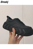 Autumn New Thick-soled Muffin Bottom Soft Light Breathable Casual Bread Shoes for Women Lace Up Black Sneakers