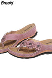Women 2023 Summer Floral Wedges Flip Flops Pu Sewing Bohovintage Flower Outdoor Slippers Ladies Casual Beach Shoes
