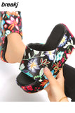 Print Chunky Platform Slippers Women Fashion Flower Thick Bottom Slides Woman Pu Leather Flip Flops Summer Female