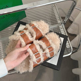 New Winter Plush Inside Women Slipper Casual Fashion Buckle Artificial Fur Outside Home Platform Soft Slides