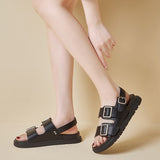 Size 35-40 Sandals Women Open Toe Slingback Buckle Strap Real Leather Shoes Casual Outdoor Summer Female