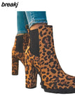 Women Ankle Boots Flock Leopard Slip On Short Boots Women's High Heels Platform Autumn Shoes Ladies Booties Retro Plus