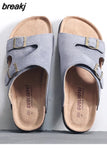 Fashion Men Beach Cork Slippers Summer Buckle Cow Suede Non-slip Outside EVA Slide