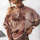Winter New O Neck Bat Sleeves Golden Velvet Blouses Solid Color Casual Pullover Irregular Office Lady Loose Elegant