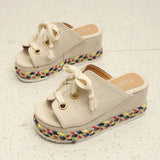 Breakj Summer New Slope Hedley Woven Slippers Women's Large-Size Grass Tie With High-Heeled